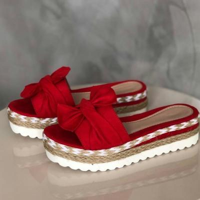 China Fashion Lady New Footwear Thick Round Bowknots Outdoor Flat Sandals 2023 Summer Wholesale Unique Knit Shoes Sexy Platform Knit Slippers for sale