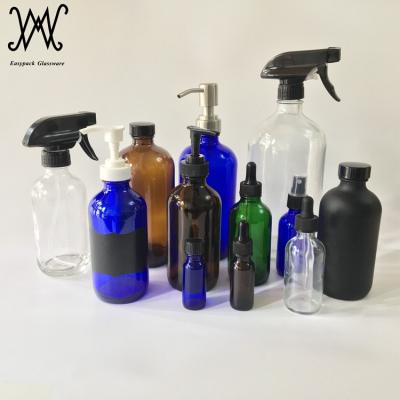 China Personal Care Amber Cobalt Blue Boston Clear Round Pump Spray Glass Bottle For Pharmaceutical Essential Oil for sale