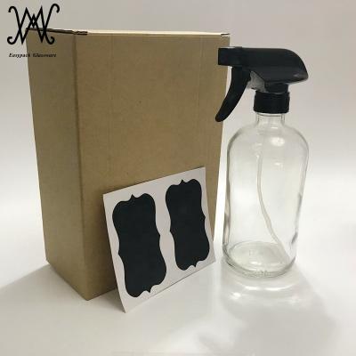 China Personal Care 16oz 500ml Clear Boston Round Glass Bottle With Trigger Spray Pump Mist And Stream Setting for sale