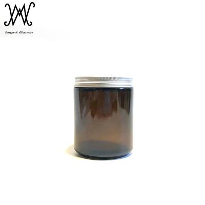 China Personal Care 200ml 200g Amber Brown Glass Straight Sided Round Cosmetic Cream Jar With Silver Metal Lid for sale