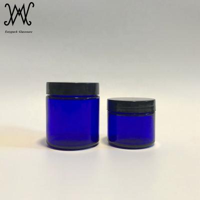 China Personal Care 4 Oz Cobalt Blue Glass Straight Sided Cosmetic Jar With Black Plastic Lined Screw Lid for sale