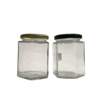 China Freshness Preservation 9oz Hexagon Glass Jar With Twist Off Plastisol Lined Metal Lids 9 oz for sale