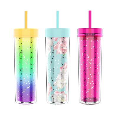 China New Viable Goods OEM Clear Custom 14oz Double Wall Reusable Insertable Insulated Plastic Cups With Straw for sale