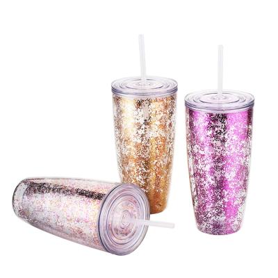 China 24oz Sustainable Promotional Reusable Reusable Insulated Double Wall Drinking Cup Glitter Tumbler Plastic Cup With Straw for sale