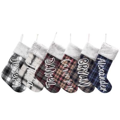 China Original Design Cotton Plaid Christmas Stockings Customize Glitter Name Christmas Xmas Ornament for Family Decorations for sale