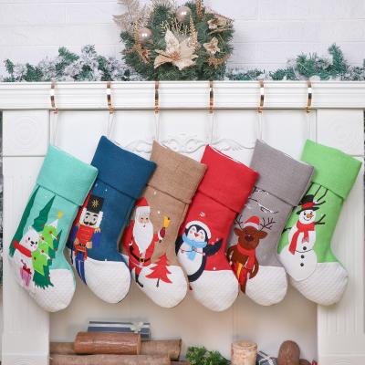 China Original Burlap/Cotton Design Christmas Stockings Embroidered Applique Burlap Christmas Ornament Hanging Elks for sale