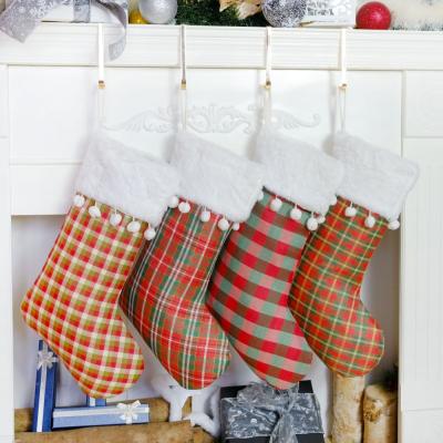 China 2022 New Design Polyester Christmas Plaid Ball Original Christmas Stocking Fireplace Hanging Decoration for sale