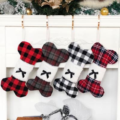 China Original Christmas Fireplace Christmas Plaid Pet Bone Dog Cotton Design Ornament Hanging Decoration for sale