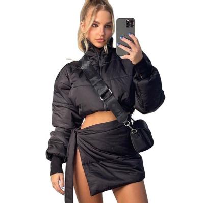 China New Solid Color Zipper Finger Cover Sleeve Comic Tie Collar Border Anti-wrinkle Winter Short Skirt Cotton-padded Coat Women's Suit for sale