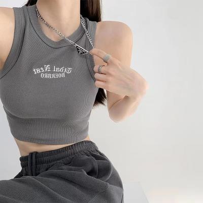 China Viable Women's Tank Top Ribbed Embroidery Letter Vest Solid Round Neck Crop Tops Y2k Sleeveless Slim Sport Fit Vest Harajuku Streetwear for sale