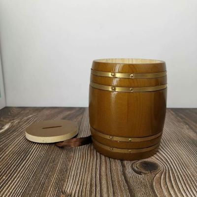 China Custom Durable Wooden Barrel Shape Gift Wooden Piggy Bank for sale