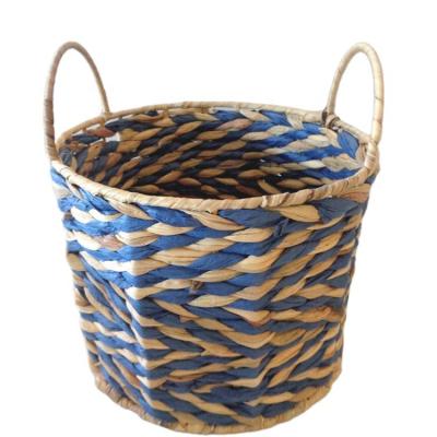 China Handmade Woven Storage Basket Blue Cattail Home Storage Round Woven Custom Viable for sale