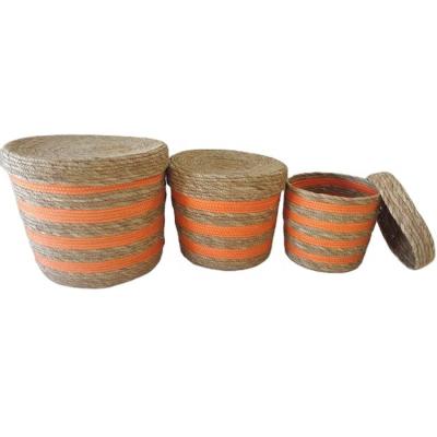 China Hot Sale Sustainable Round Rope Woven Shower Basket Storage Organizer Cattail Storage Baskets With Cover for sale