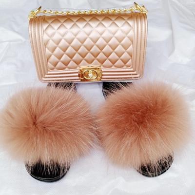 China Fashion Trend Factory Direct Wholesale Fox Fur Slippers Fur Slides Kids Fur Slides And Purse Set for sale