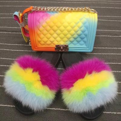 China Fashion Trend Supply High Quality Fur Slipper Designer Fur Slides Fur Slippers And Purse Wholesale Set for sale