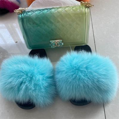 China Wholesale High Quality Fashion Trend Fur Slippers Fur Sandals Slides Slippers Fur Slides With Purse Set for sale