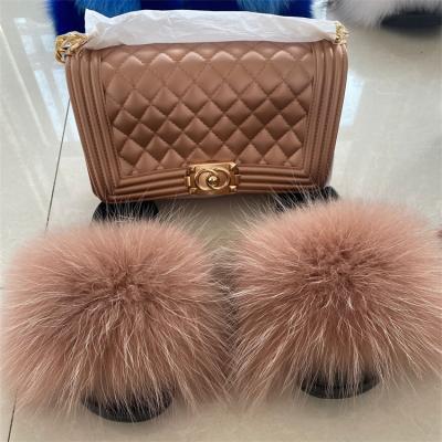 China Fashion trend personalized customization women fluffy fur slippers big fur slides freeze purse and fur slides sets for sale