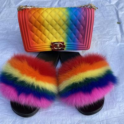 China Fashion Trend Best Price Fur Slides And Hot Sale Wholesale Purse And Bag Jelly Fur Slippers Sets Fur Slides And Sheers Set for sale