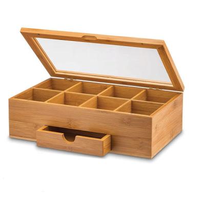 China FSC BSCI Custom Packing Wooden Tea Bag Holder Glass Top Wood Display Box for sale