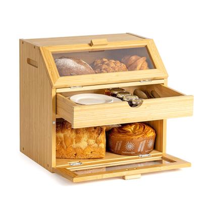 China Amazon Kitchen Home Storage Box Viable Hot Selling Bread Bin Large Three Layer Detachable Drawer Bamboo Bread Box for sale