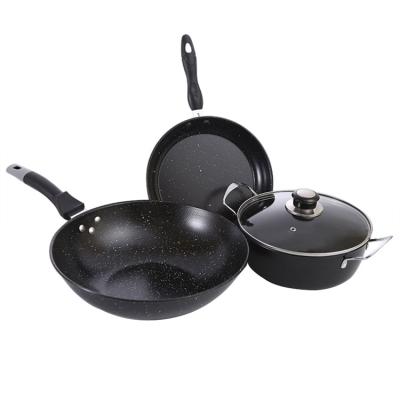 China Sustainable 4 Pcs Non Stick Black Aluminum Alloy Sauce Pot Wok Pan Cookware Sets With Marble Coating for sale