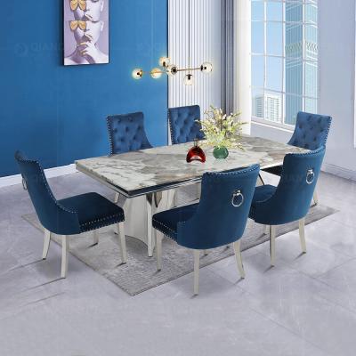 China Modern Dining Furniture Marble Top Dining Table Set 6 Chairs Stainless Steel Marble Dining Table for sale