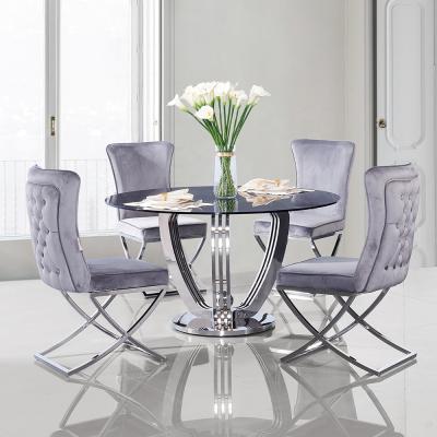 China Glass Top Dining Furniture Stainless Steel Dining Table Set 6chairs Round Silver Gray Glass Dining Table for sale