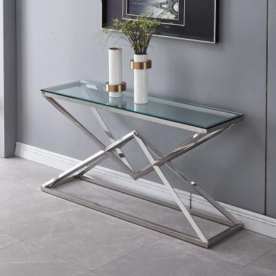 China Living Room Fixed Furniture Glass Console Table Set Modern Stainless Steel Hallway Console Table for sale