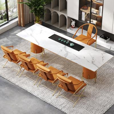 China Custom high design gold chinese style stone tea table furniture nordic modern burnt tea table chair ss imitation marble prices making table for sale