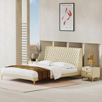 China Bling Style Bedroom Furniture European Leather King Bedroom Sets Beige Leather Bed Piece Sets for sale