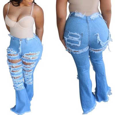 China D2259-1 viable ready to ship high waist jeggings blue jeans pants women flare distressed stretch ripped plus size jeans for sale