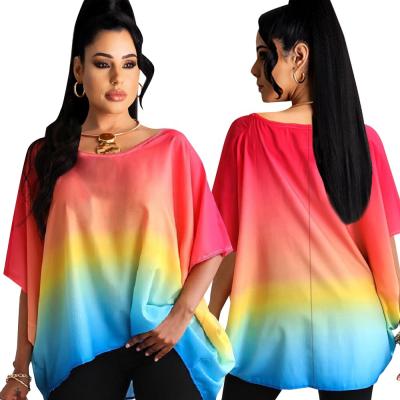 China New Arrival DLL-9001 Crew Neck Fashion Woman T-shirt Ladies Half Sleeve Top Rainbow Anti-pilling Casual Shirts For Women for sale