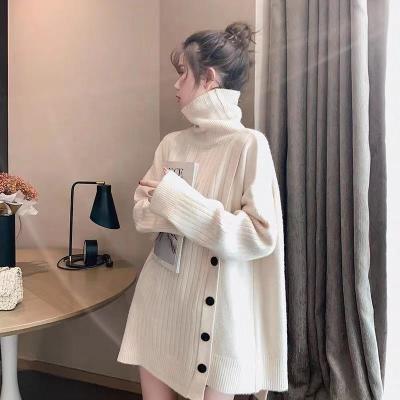 China Newest DLLCustom Irregular Anti-wrinkle High-neck Mid Length Women's Button Embellished Lazy Sweater Knit Sweater Turtle Neck Top Sweater for sale