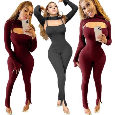 China DLL G68531 QUICK DRY Spring Autumn Solid Color Casual Two Piece Set Overalls Ribbed Women Long Sleeve Crop Top Set 2 Piece Set for sale