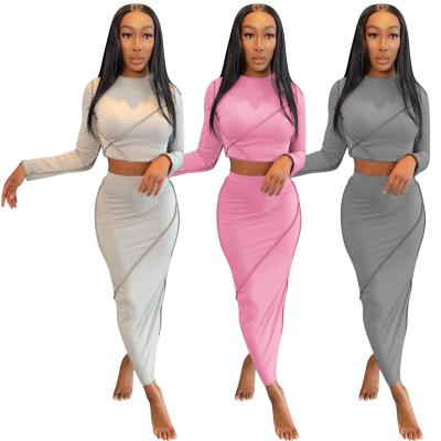 China New Style DLL-WX007 QUICK DRY Women Long Sleeve Bodycon Stripe Design Fashion 2021 Falls 2 Piece Skirt Sets for sale