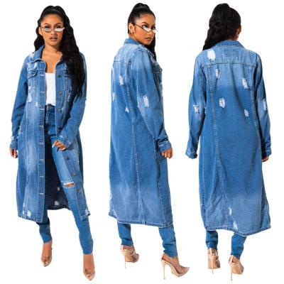 China DLL 8083 Causal Good Quality Anti-wrinkle vintage long sleeve jeans coat for women long denim coat washed ripped women's jackets and coats for sale