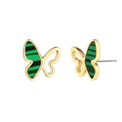 China Trendy Jewelry S925 Sterling Silver Stud Earrings Statement Women Malachite Butterfly Earrings for sale