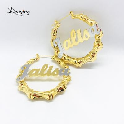 China New Customized Gifts Name Fancy Custom Earrings For Women Two Color Plated Stainless Steel Circle Bamboo Earrings for sale