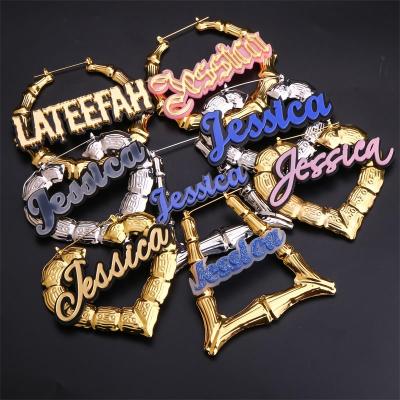 China Custom Bamboo Hiphop Earrings Stainless Steel Name Letters Acrylic Gold Plated Big Circle Earrings for sale