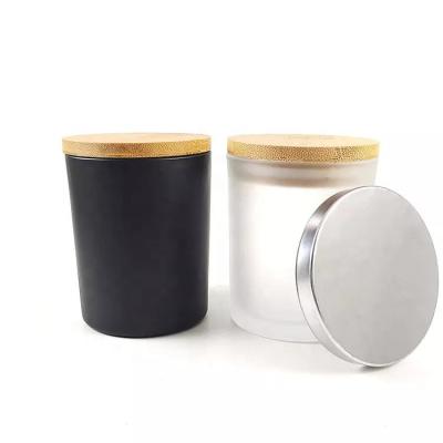 China Gift & Craft Wholesale Matte White Black Frosted Clear Glass Candle Jar Holder With Wooden Lid for sale