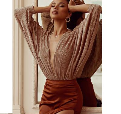 China QUICK DRY Latest 2022 Pleated V Neck Long Sleeve Woman Overalls Women Jumpsuits For Daily Life for sale