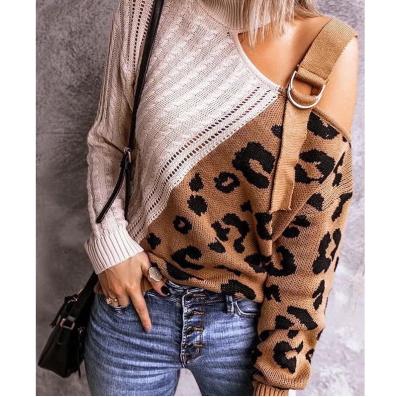 China wholesale Anti-wrinkle autumn winter ladies pullover off the shoulder color block leopard sweaters for women for sale