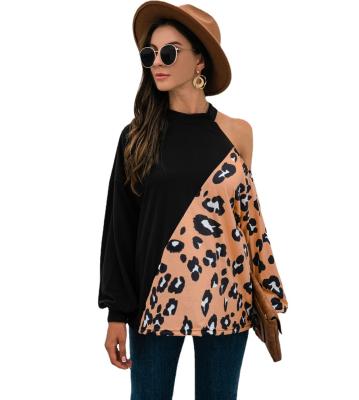 China wholesale spring and Autumn Ladies Anti-wrinkle Leopard Print Color Blocking Long Sleeved Loose Top T-Shirt For Women for sale