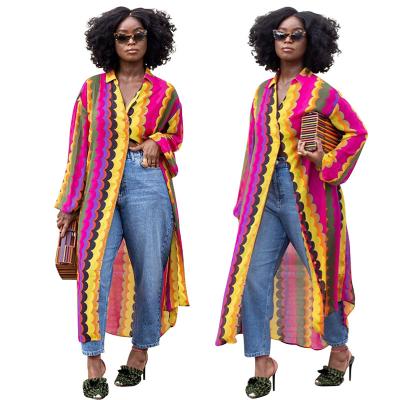 China New Style Autumn Women Plus Size Long Shirt Viable Printed Rainbow Stripe Jacket for sale