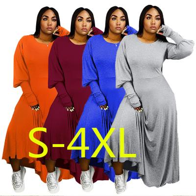 China S-4xl viable plus size dress women solid lantern sleeve O-neck dresses long plus size dress for woman for sale