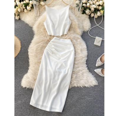 China Wholesale QUICK DRY Women Solid Color Vest Dress Midi Crop Top Split Casual Two Piece Set Skirt for sale