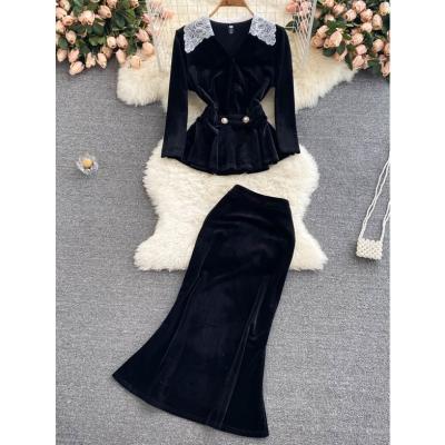 China New Arrival 2021 QUICK DRY Autumn Winter Black 2 Piece Skirt Women Mermaid Skirt Sets Two Piece Outfits For Office Lady Set Skirt for sale