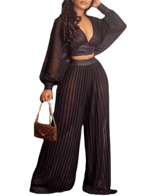 China 2021 QUICK DRY V-Neck Summer Black Blouse Crop Long Sleeved Top Two Piece Pants Set Pleated Wide Leg Pants Plus Size 2 Piece Sets for sale