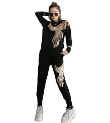 China QUICK DRY Outfits Women Two Piece Fashion Jumper Sweater Sequins Long Pants Joggers Beads Knit Sweater Set for sale