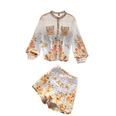 China Viable Summer Chiffon Sets Women Fashion Shirt Designer Print Socialite Set Two Piece Wide Leg Pants Set for sale